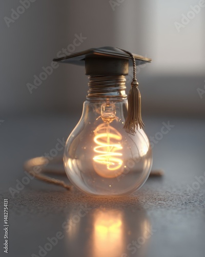 Graduation cap on light bulb still life symbolizing bright ideas and education success concept studio shot