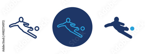 Set of 5 pixel perfect colored Soccer player with ball icon with 1 unexpanded, 1 silhouette,  Footballer dribbling ball indicating soccer activity.