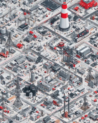 Isometric view of industrial complex with red and white chimney, power lines and buildings, digital art