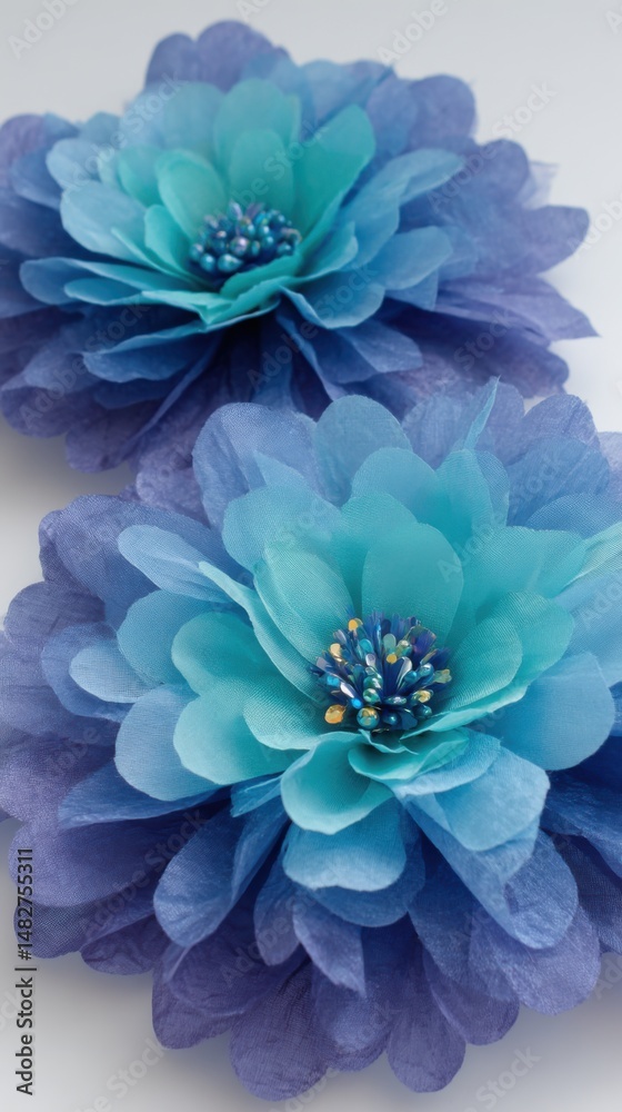 Obraz premium Two blue fabric flowers resting flat in studio lighting showcasing delicate petals and beaded centers