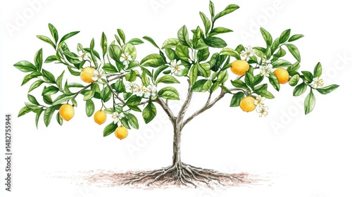 Blooming citrus tree showing roots and flowers, isolated to complement educational botanical designs or creative projects.