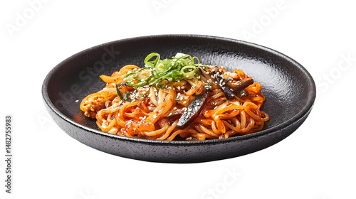 Spicy Noodles with Eggplant isolated on transparent background