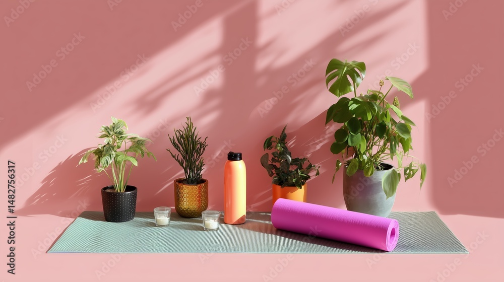 Home yoga setup featuring plants, a workout mat, and hydration at mid-morning in a peaceful indoor environment