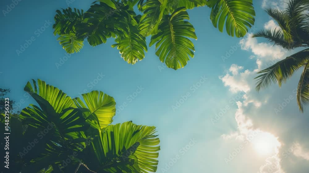Gaze at a cloudy blue sky featuring the tops of lush green trees; sunlight glare shines through clouds on the right side.