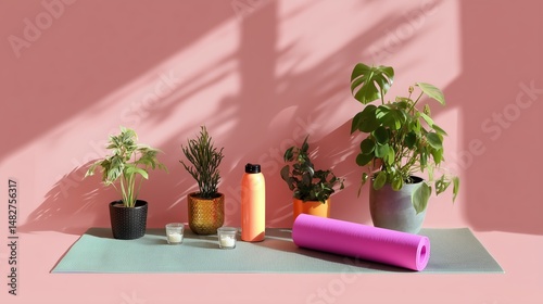 Obraz na płótnie Home yoga setup featuring plants, a workout mat, and hydration at mid-morning in a peaceful indoor environment w salonie