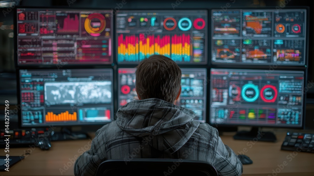 A network security engineer monitors real-time system activity on a digital dashboard, ensuring data protection is active A network security engineer monitors real-time system activity on a digital dashboard, ensuring data protection is active