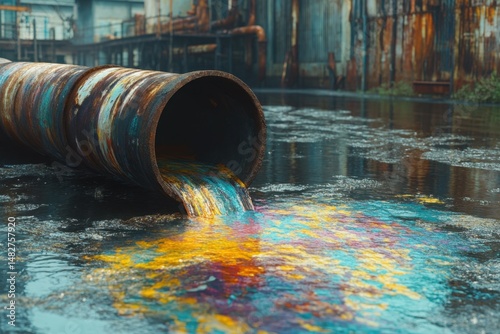 Industrial Pipe Discharging Sewage into Water.