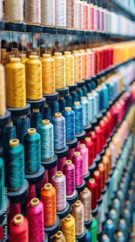 Colorful Spools of Thread on Display in a Textile Factory Close-up Shot of Rows of Vibrant Sewing Threads for Manufacturing and Craft Projects