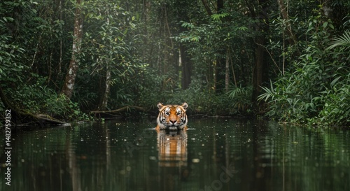 A Sumatran tiger bathing and swimming in a lake in the tropical forest of Sumatra