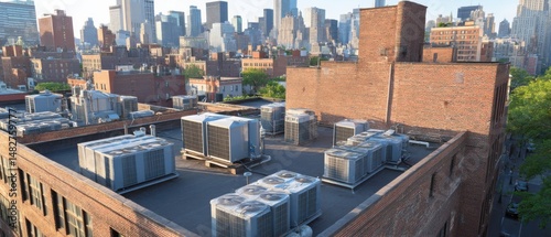Rooftop HVAC Units in Urban Setting with City Skyline in Background, High Angle View, New York City, USA