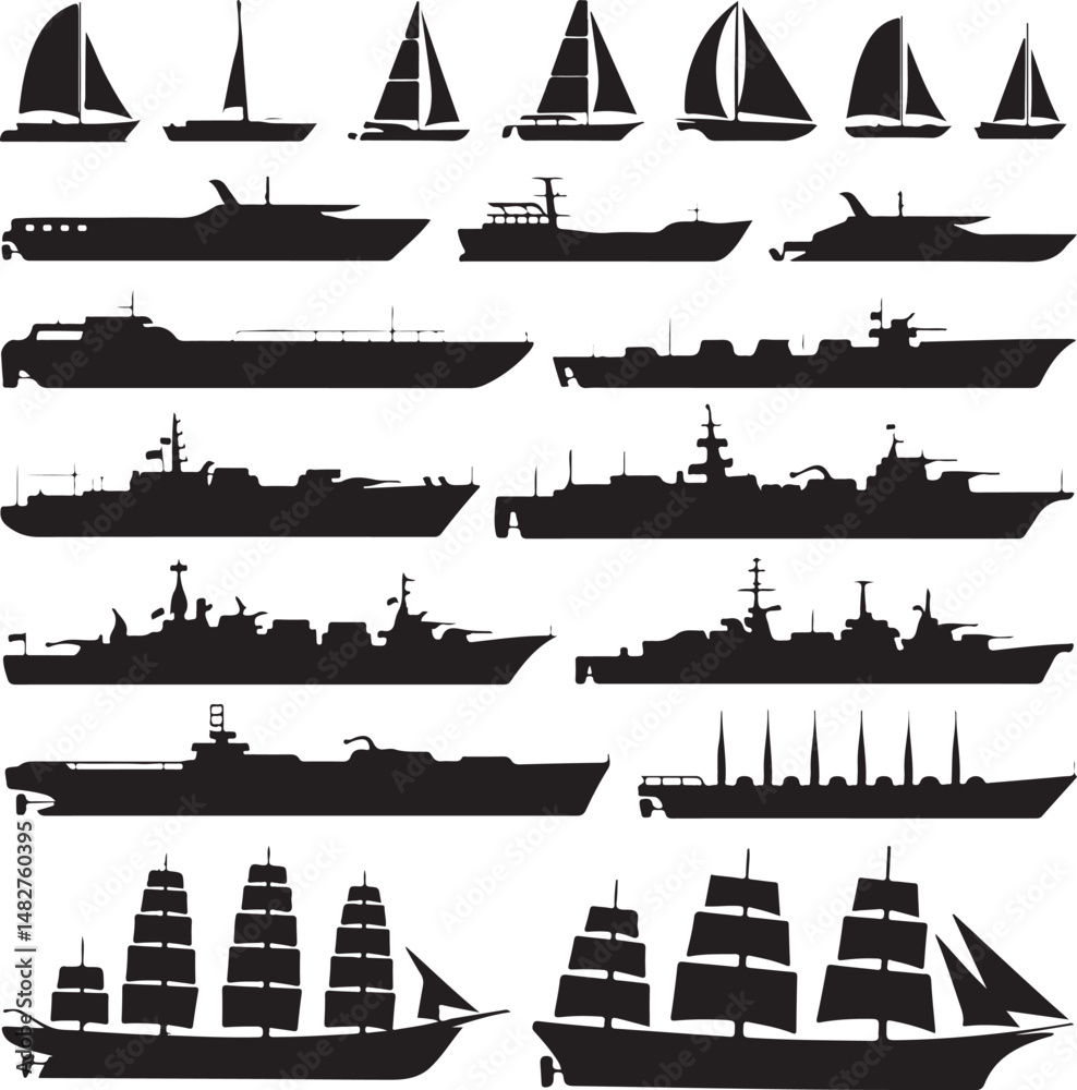 Fototapeta premium “Ship Silhouette SVG Bundle | Nautical Vessels, Pirate Ships & Cruise Clipart for Crafts & Decor”“Sailing & Sea Vessel Vector Pack | Maritime Ship Silhouettes for Logos, Stickers & Printables”