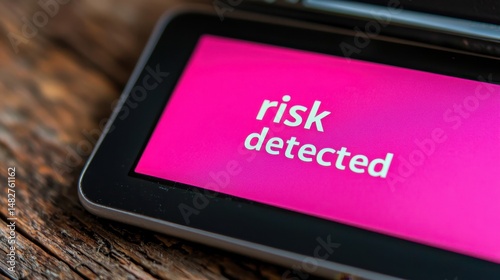 Risk Detected Message on Digital Screen with Wooden Background
