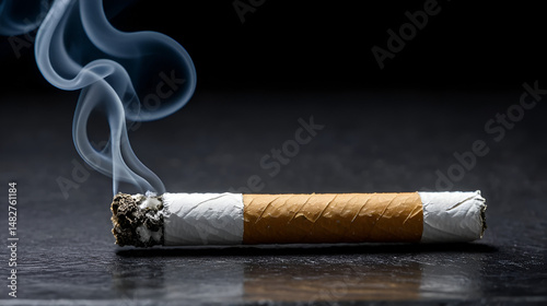 A close up of a lit cigarette with smoke gently rising placed on a dark ashy surface