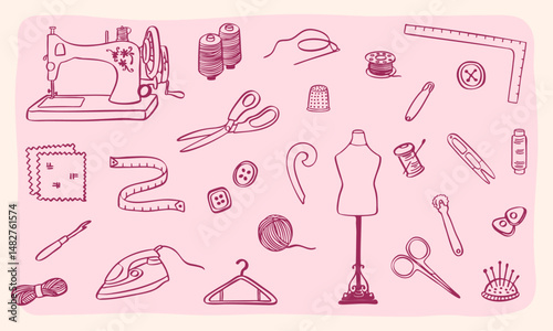 sewing tools cute doodle sketch illustration set
