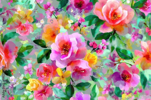 Watercolor Floral Pattern with Pink Roses and Yellow Blossoms Seamless Design Artistic Impression