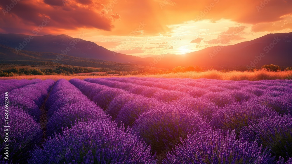 Fototapeta premium lavender field under a fiery orange sunset, with the glow reflecting on the flowers and adding warmth to the scene.