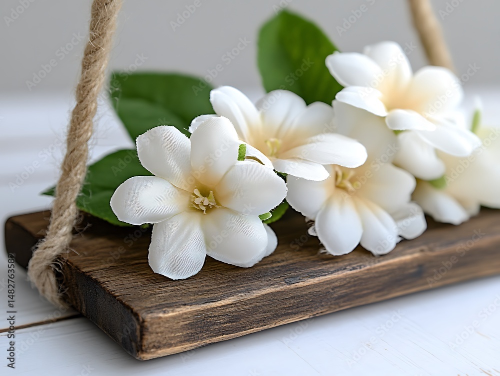 Fototapeta premium White flowers resting on a small rustic wooden swing