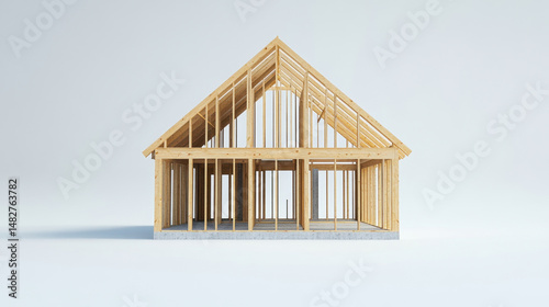 Fototapeta Naklejka Na Ścianę i Meble -  House frame under construction isolated 3d illustration. Wooden house construction timber construction.
