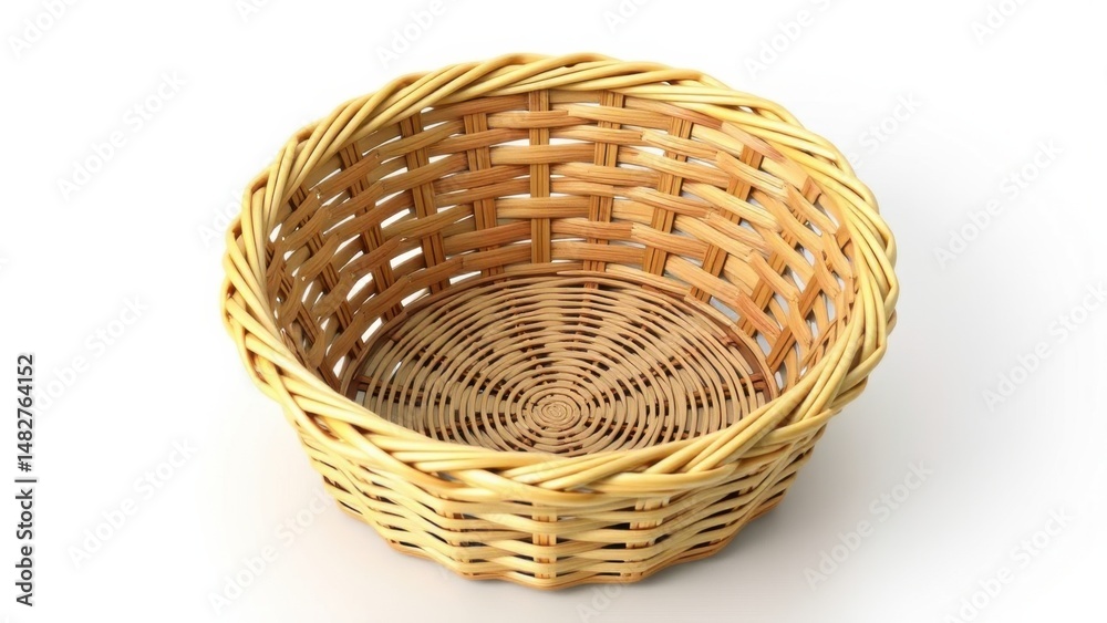 Fototapeta premium A round, empty woven wicker basket with a braided rim sits on a white background.