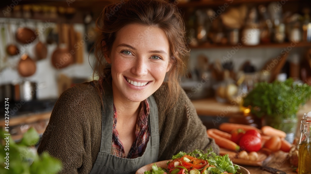 A cheerful woman enjoying a healthy vegetable salad, embracing a nutritious lifestyle. A cheerful woman enjoying a healthy vegetable salad, embracing a nutritious lifestyle.