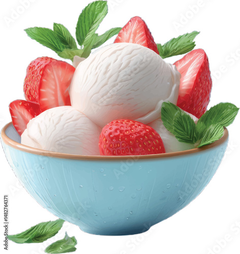 Creamy vanilla ice cream with fresh strawberries and mint leaves in a blue bowl on a light background