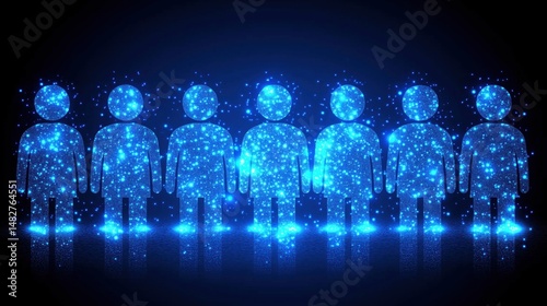 Digital silhouettes of people illuminated with blue sparkles in a dark background creating a captivating visual effect