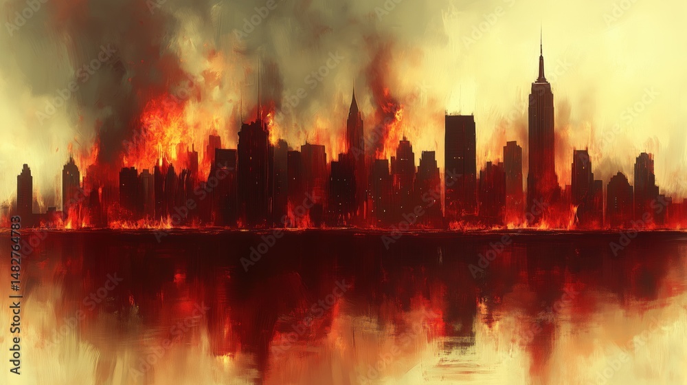 Obraz premium Urban skyline engulfed in flames with dramatic smoke in apocalyptic scene at dusk