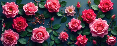 Intricate, continuous blooming roses and leaves , colorful, pretty