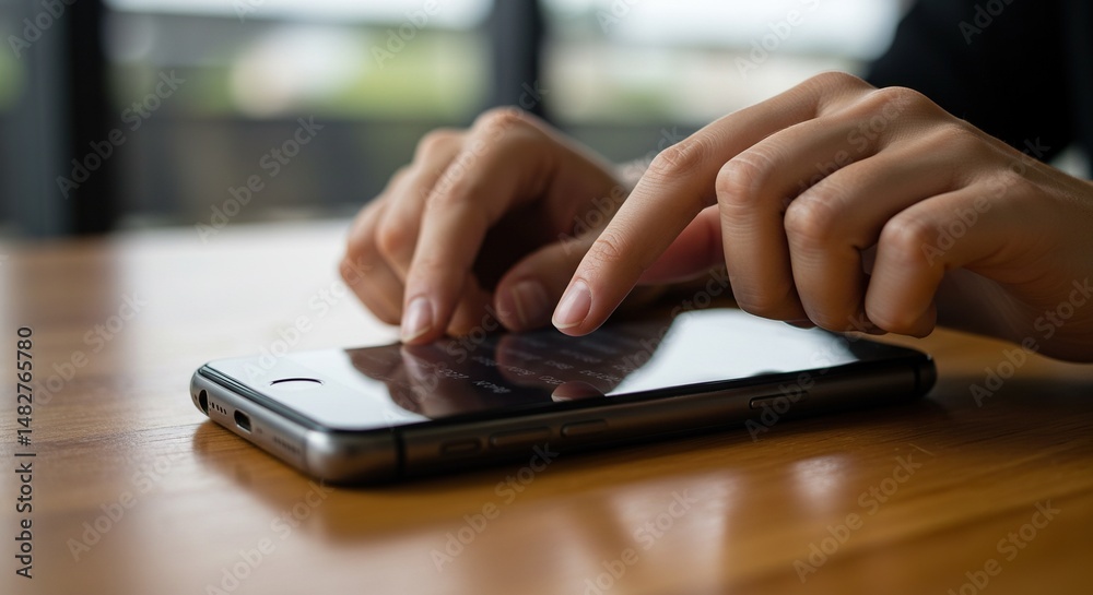 Fingers scrolling on a touchscreen smartphone lying on a wooden desk surface Fingers scrolling on a touchscreen smartphone lying on a wooden desk surface
