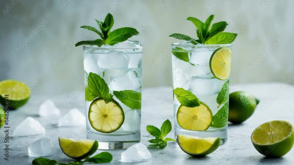 Top view of a cocktail at a bar, showcasing two highball glasses filled with rum, spearmint, lime juice, soda water, and ice, along with ample copy space for a long traditional fresh tropical