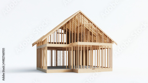 Fototapeta Naklejka Na Ścianę i Meble -  House frame under construction isolated 3d illustration. Wooden house construction timber construction.
