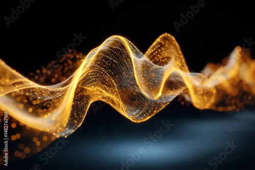 Abstract Golden Wave Network Flowing on Black Background Close Up Digital Art Illustration Graphic Design Concept