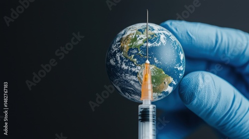 Hand with Glove Holding Syringe Near Globe Representing Vaccination