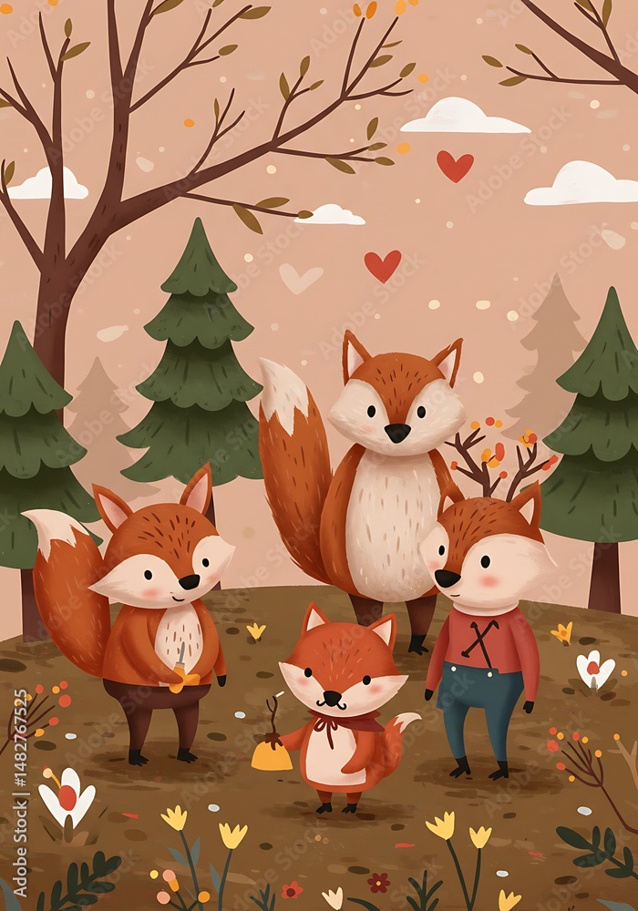 Naklejka premium Autumnal Fox Family: A Charming Illustration