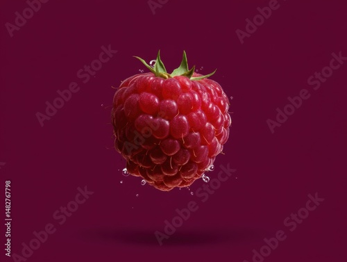 Studio shot of single raspberry floating with water droplets on a purple background close up food photography