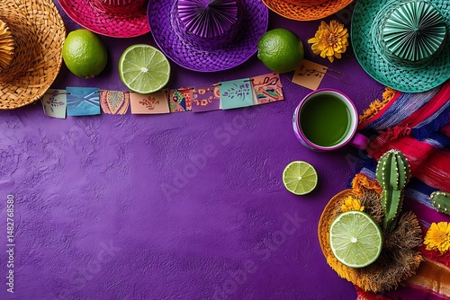 Vibrant mexican fiesta arrangement featuring sombreros limes cactus and colorful decorations on purple background