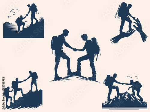 Silhouette of Helping Hiker Teamwork Concept
