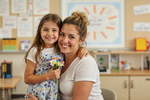 Mother and daughter smiling together in classroom holding flowers  