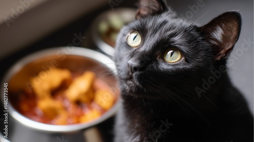 Obraz na płótnie Black cat waiting for food during feeding time in a cozy kitchen on a sunny day w salonie