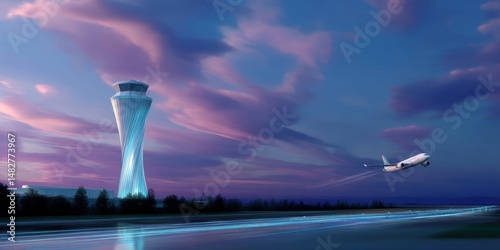 long lens view of tower across runway with plane landing photo