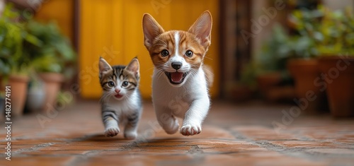 Playful Puppy and Kitten Running Towards the Camera