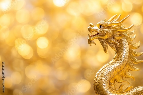 A gold dragon is standing on a gold background. , with ample copy space for text.
