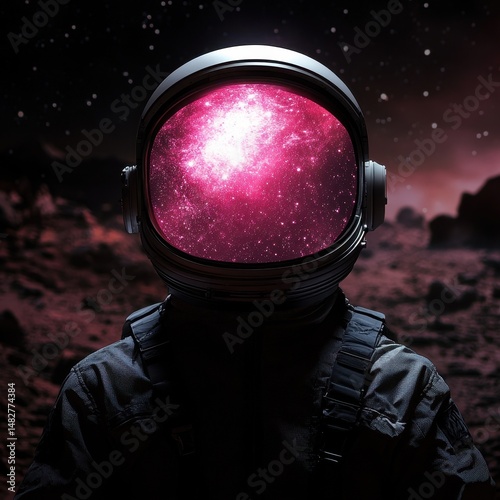 Astronaut With Cosmic Galaxy Inside Helmet in Starry Background