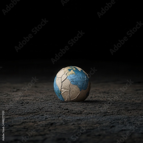 Cracked Earth Globe on Dark Surface Symbolizing Environmental Change