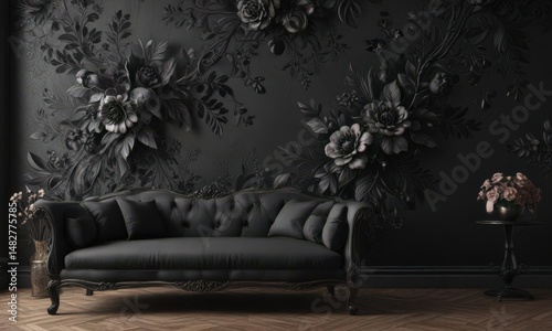 Intricate black charcoal floral wallpaper  Elegant, luxurious, stylish interior design , blossom, decor