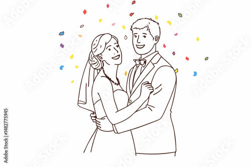 Newlywed Couple Joyfully Celebrating With Colorful Confetti at Their Wedding Reception