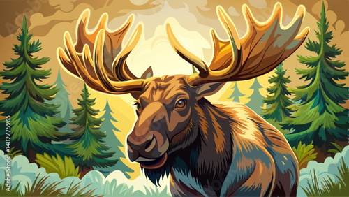 Close up  portrait A bull moose standing looking straight ahead  very beautiful