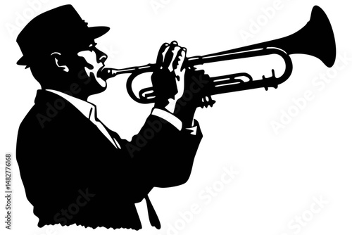 Silhouette of a Jazz Musician Playing Trumpet at Night in a Vibrant Urban Setting