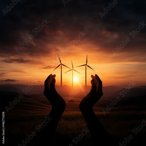 Hands Reaching Towards Wind Turbines Under Orange Sunset Sky