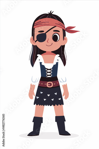 Pirate Girl Character Standing Confidently With a Playful Expression in a Vector Line Drawing
